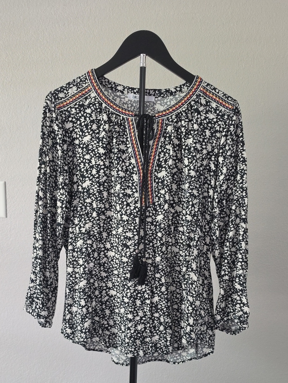 DR2 Black and White Floral Tie-Neck Blouse with Embroidered Trim